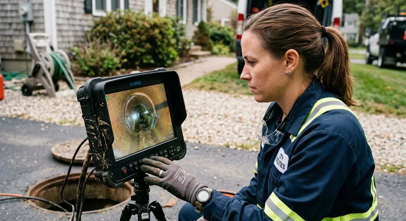Technician reviewing sewer camera inspection footage in Home Gardens