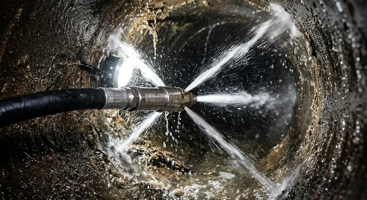 High-pressure hydro jetting nozzle cleaning sewer pipe for Emergency Drain Service in Home Gardens
