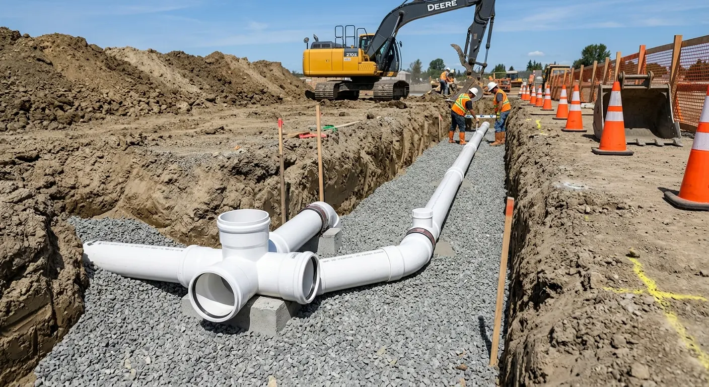 New PVC sewer pipe installation in open trench for Commercial Drain Cleaning in Home Gardens