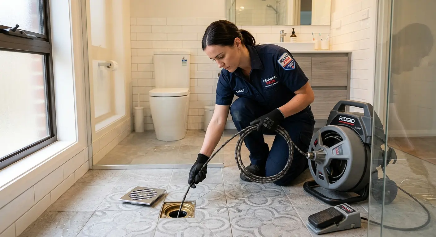 Technician clearing a bathroom floor drain for Drain Cleaning in Home Gardens